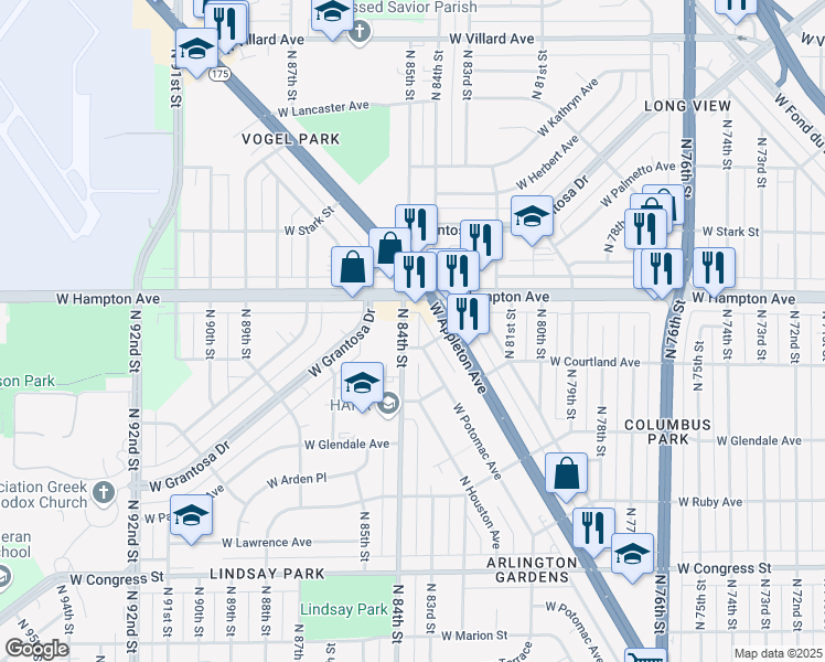map of restaurants, bars, coffee shops, grocery stores, and more near 4724 North 84th Street in Milwaukee