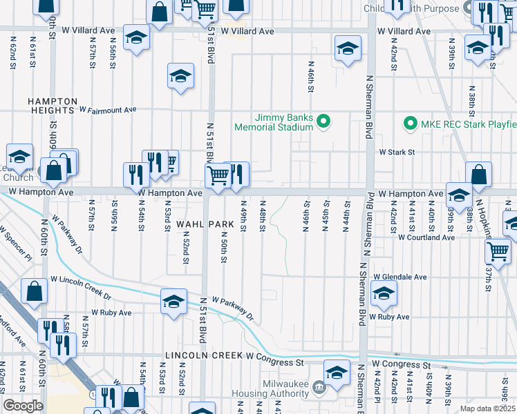 map of restaurants, bars, coffee shops, grocery stores, and more near 4765 North 48th Street in Milwaukee