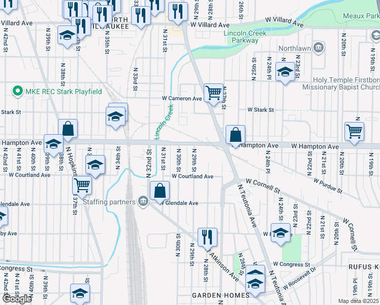 map of restaurants, bars, coffee shops, grocery stores, and more near 4769 North 29th Street in Milwaukee