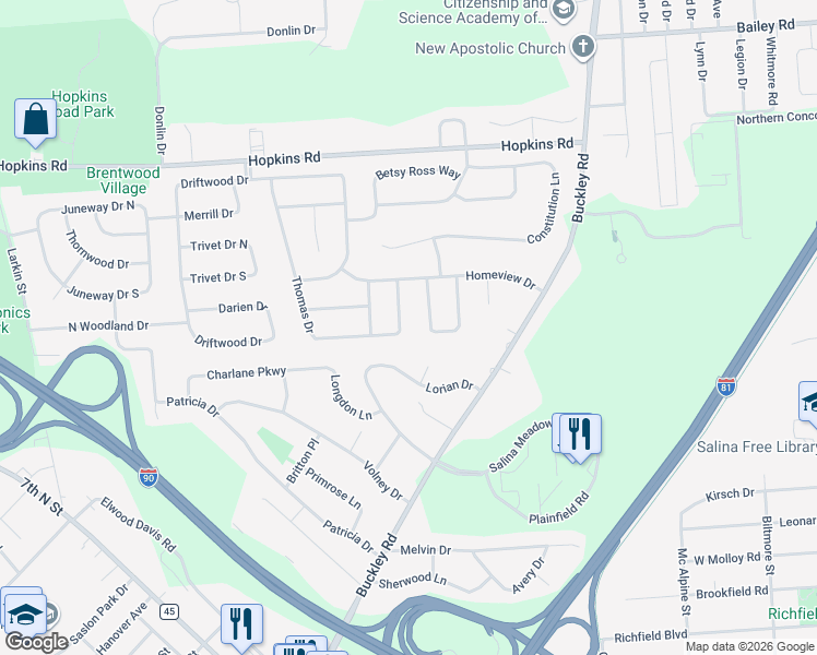 map of restaurants, bars, coffee shops, grocery stores, and more near 6863 Thomas Drive in Liverpool
