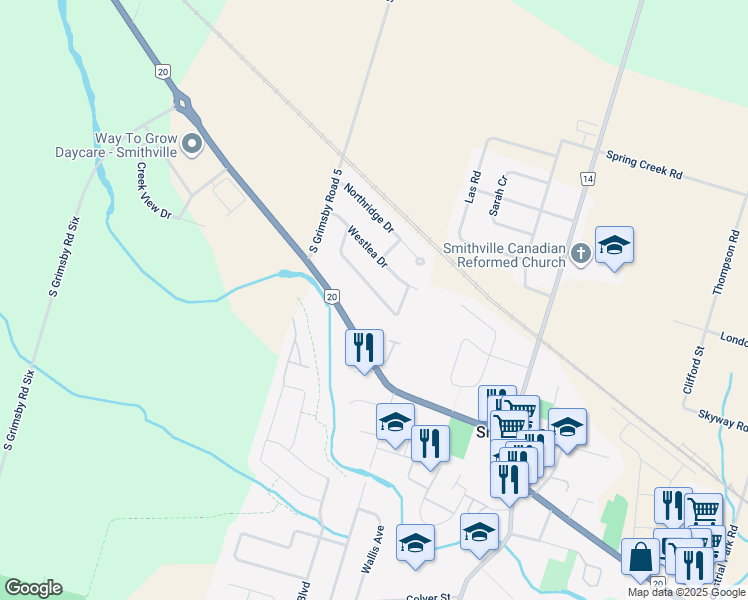 map of restaurants, bars, coffee shops, grocery stores, and more near 32 Farewell Crescent in Smithville