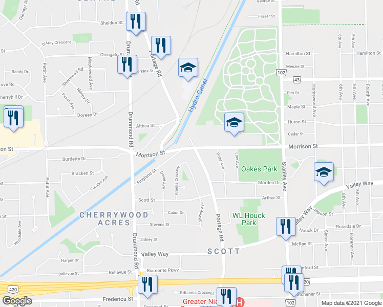 map of restaurants, bars, coffee shops, grocery stores, and more near 4819 Portage Road in Niagara Falls
