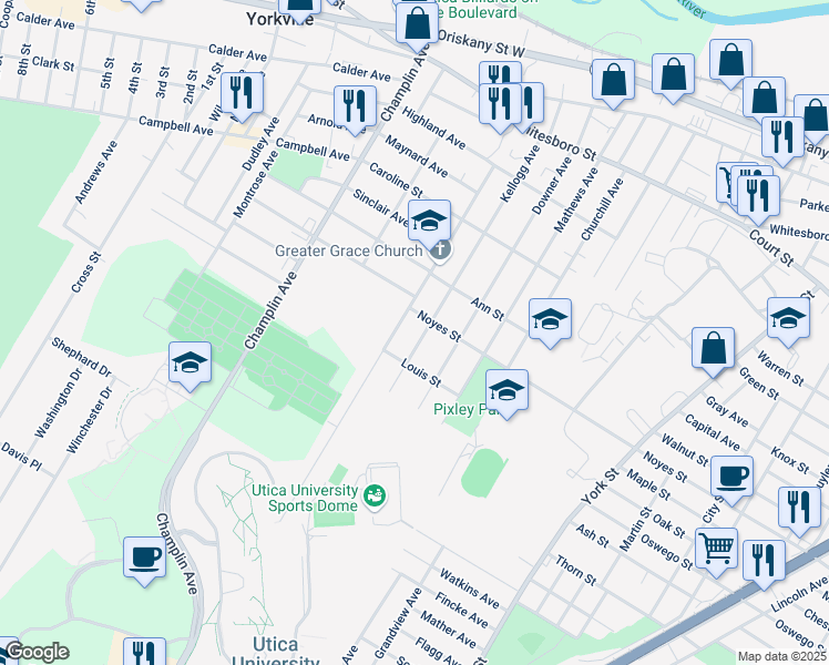 map of restaurants, bars, coffee shops, grocery stores, and more near 1304 Kellogg Ave in Utica