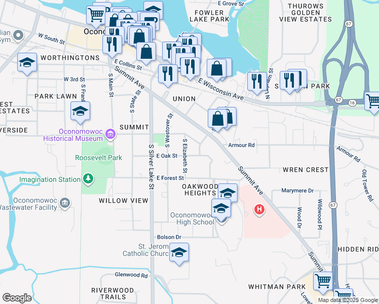 map of restaurants, bars, coffee shops, grocery stores, and more near 506 East Oak Street in Oconomowoc
