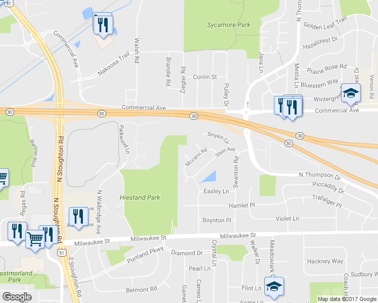 map of restaurants, bars, coffee shops, grocery stores, and more near 9 Esther Court in Madison