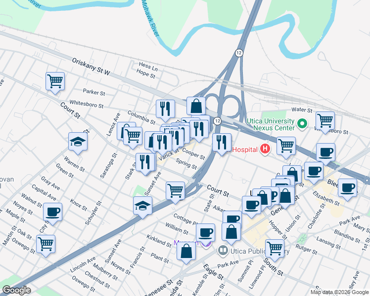 map of restaurants, bars, coffee shops, grocery stores, and more near 611 Varick Street in Utica