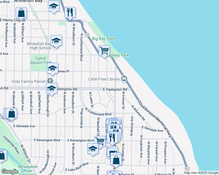 map of restaurants, bars, coffee shops, grocery stores, and more near in Whitefish Bay