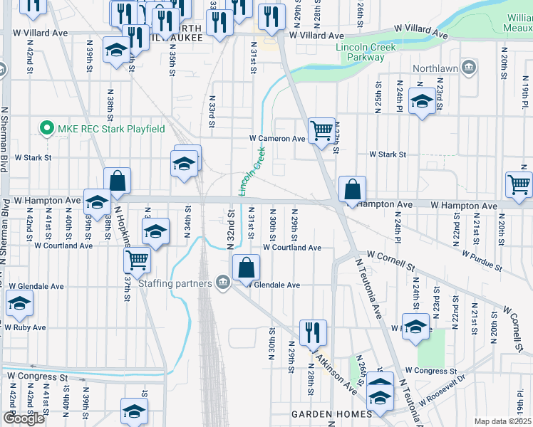 map of restaurants, bars, coffee shops, grocery stores, and more near 4771 North 30th Street in Milwaukee