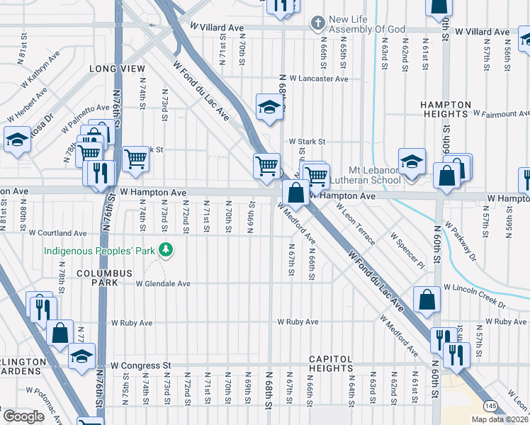 map of restaurants, bars, coffee shops, grocery stores, and more near 4748 North 69th Street in Milwaukee