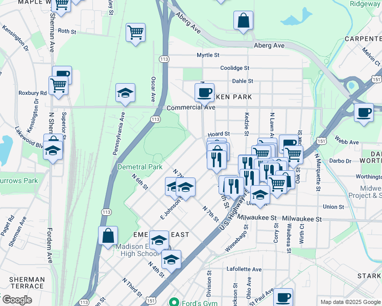 map of restaurants, bars, coffee shops, grocery stores, and more near 2551 Hoard Street in Madison