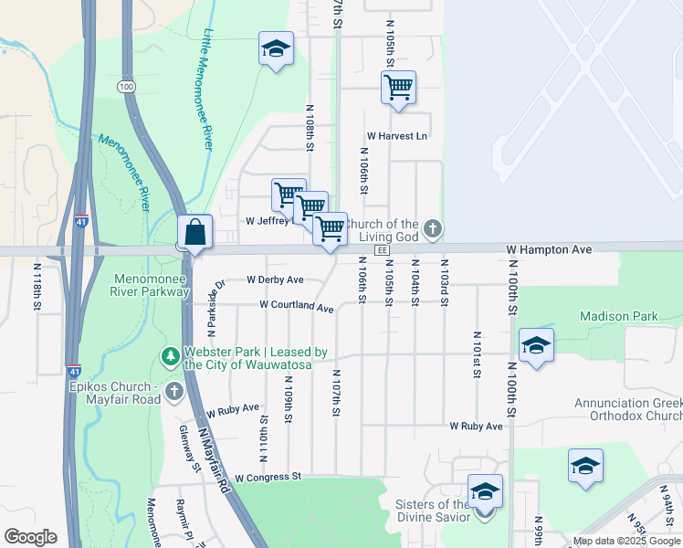 map of restaurants, bars, coffee shops, grocery stores, and more near 4758 North 108th Street in Wauwatosa