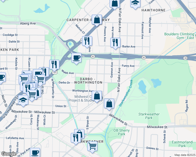 map of restaurants, bars, coffee shops, grocery stores, and more near 411 Memphis Avenue in Madison
