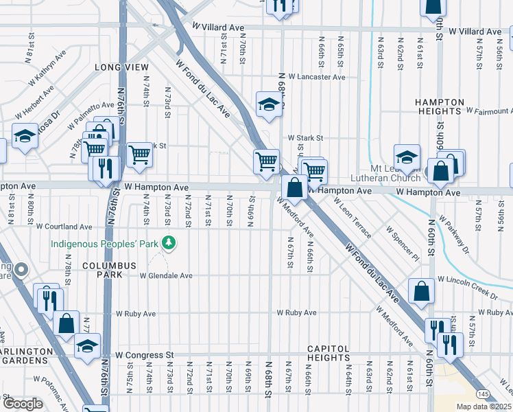 map of restaurants, bars, coffee shops, grocery stores, and more near 4748 N 69th St in Milwaukee