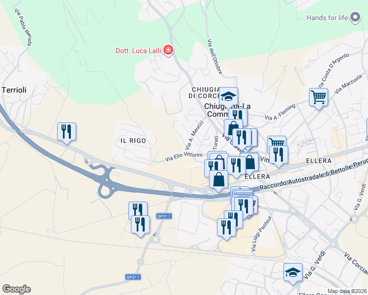 map of restaurants, bars, coffee shops, grocery stores, and more near 36 Via A. Meucci in Chiugiana