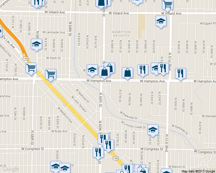 map of restaurants, bars, coffee shops, grocery stores, and more near 4761 N 58th St in Milwaukee