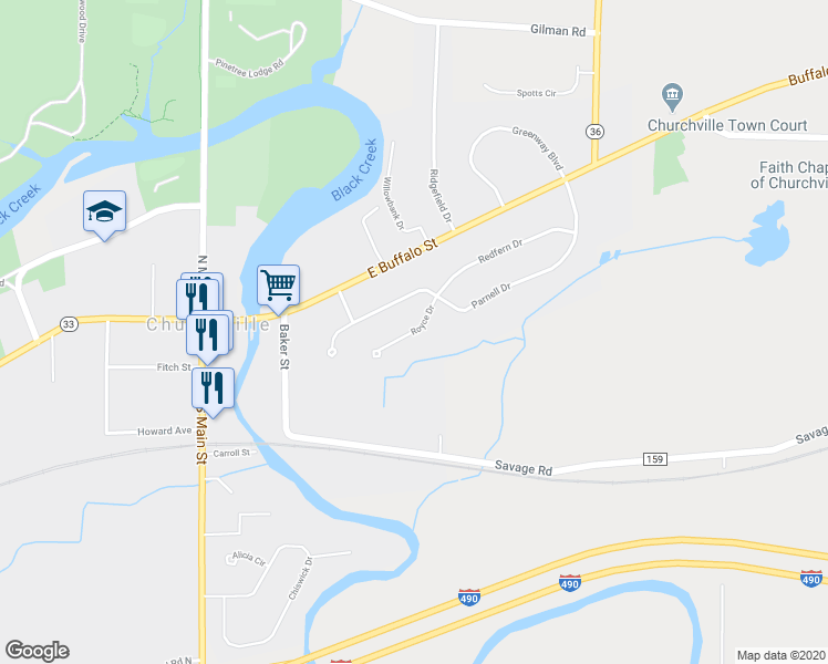 map of restaurants, bars, coffee shops, grocery stores, and more near 19 Royce Drive in Churchville