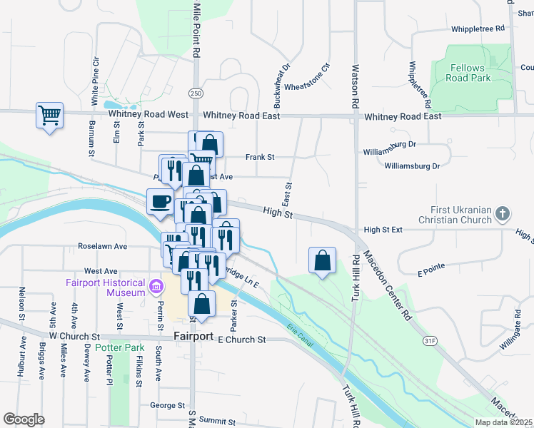 map of restaurants, bars, coffee shops, grocery stores, and more near 96 High Street in Fairport