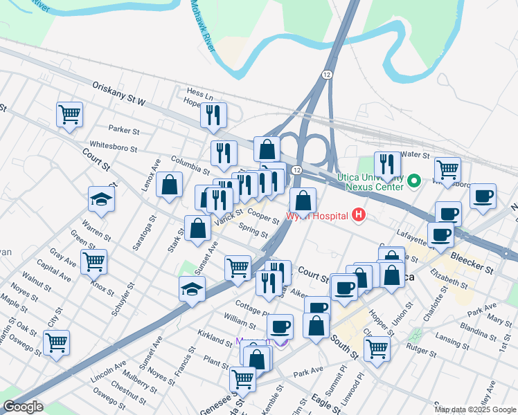 map of restaurants, bars, coffee shops, grocery stores, and more near 611 Varick St in Utica