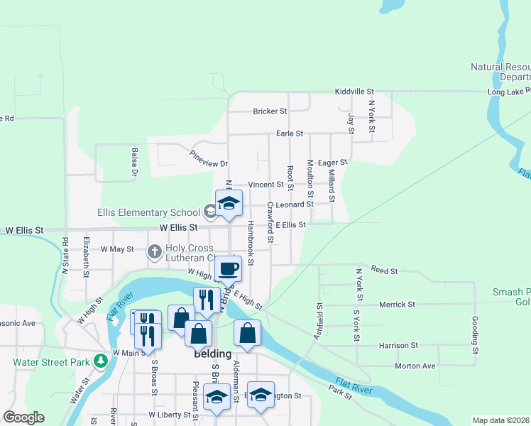 map of restaurants, bars, coffee shops, grocery stores, and more near 515 Crawford Street in Belding