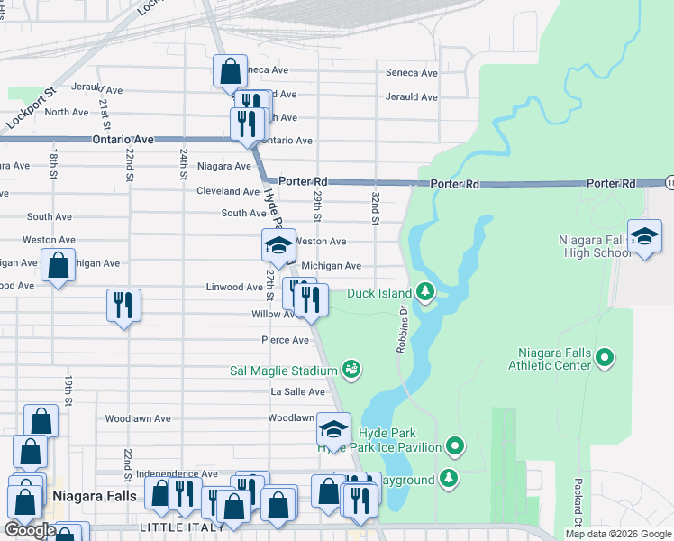 map of restaurants, bars, coffee shops, grocery stores, and more near 2921 Michigan Avenue in Niagara Falls