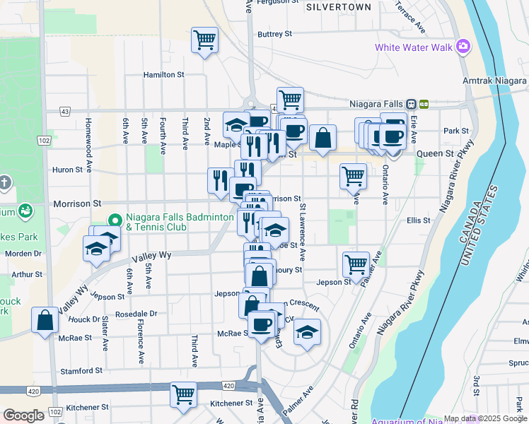 map of restaurants, bars, coffee shops, grocery stores, and more near 4848 Victoria Avenue in Niagara Falls
