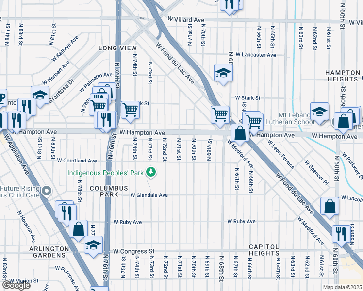 map of restaurants, bars, coffee shops, grocery stores, and more near 4746 N 71st St in Milwaukee