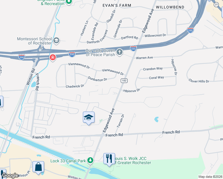 map of restaurants, bars, coffee shops, grocery stores, and more near 79 Wintergreen Way in Rochester
