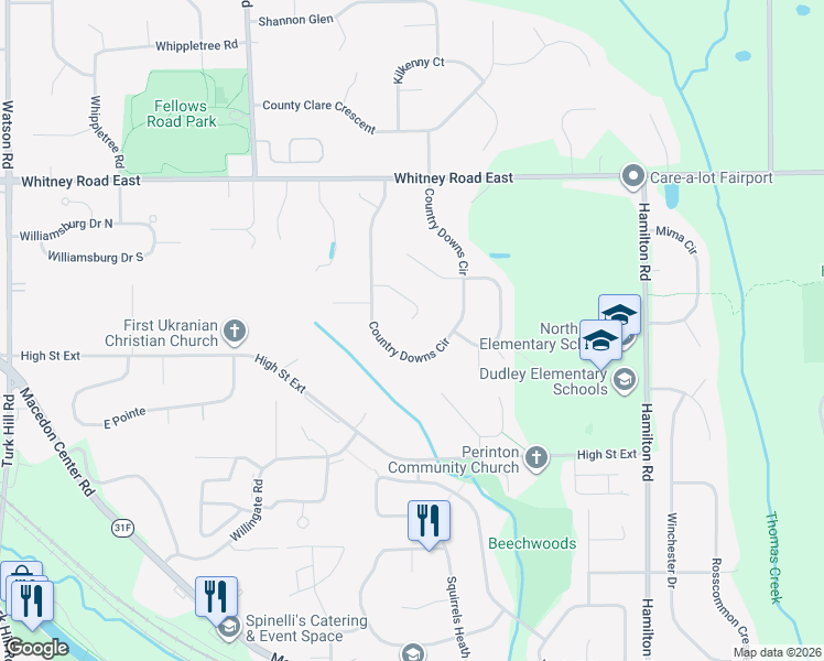 map of restaurants, bars, coffee shops, grocery stores, and more near 22 Foxpointe Circle in Fairport
