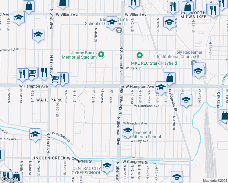 map of restaurants, bars, coffee shops, grocery stores, and more near 4770 N 44th St in Milwaukee