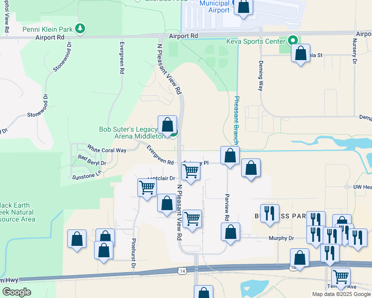 map of restaurants, bars, coffee shops, grocery stores, and more near 2607 Pleasant View Road in Middleton