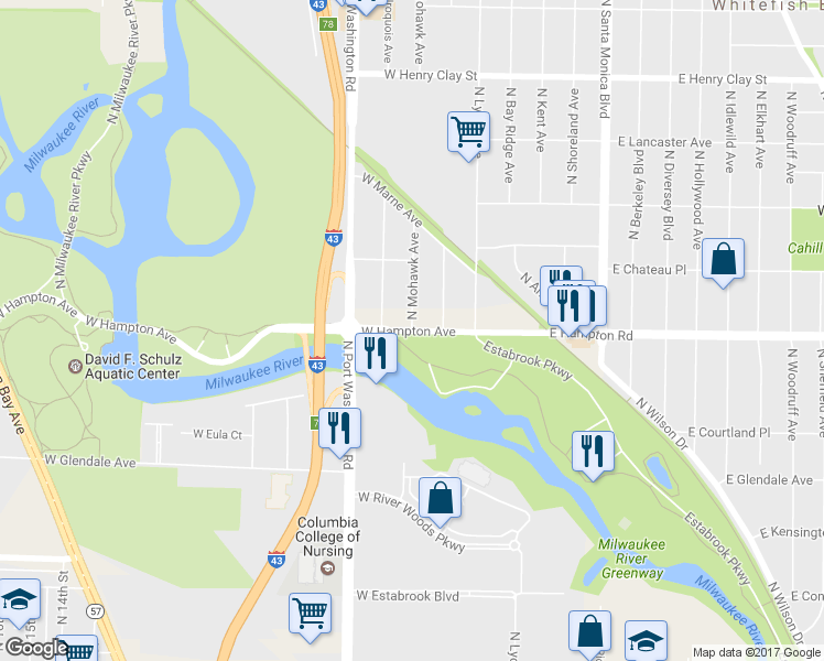 map of restaurants, bars, coffee shops, grocery stores, and more near W Hampton Ave & N Mohawk Ave in Milwaukee