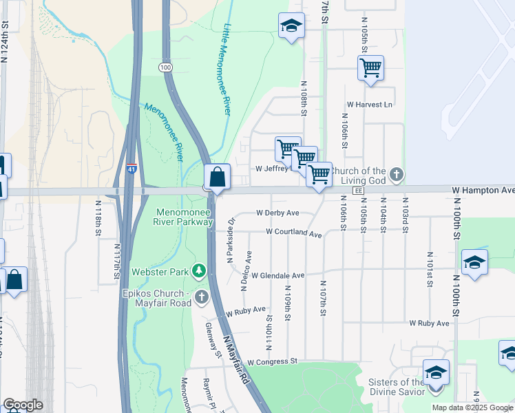 map of restaurants, bars, coffee shops, grocery stores, and more near 11026 West Derby Avenue in Wauwatosa
