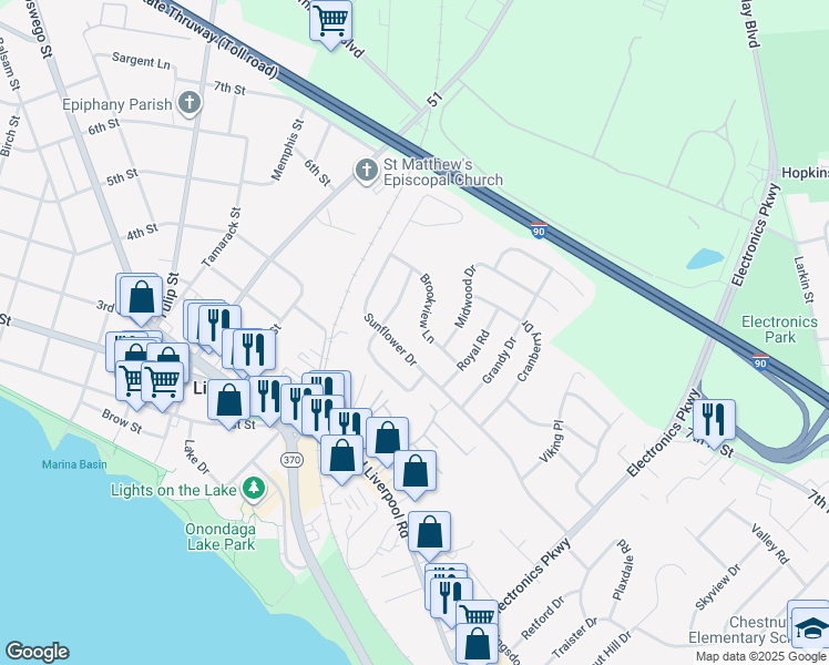 map of restaurants, bars, coffee shops, grocery stores, and more near 107 Brookview Lane in Liverpool