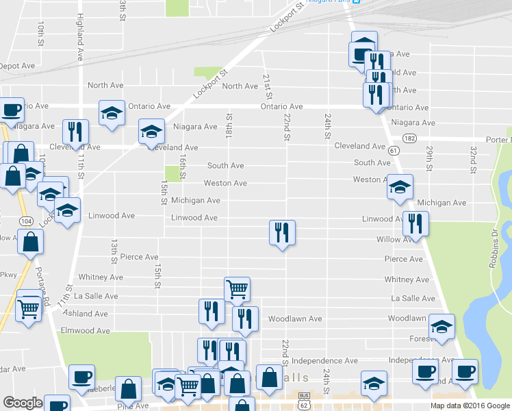 map of restaurants, bars, coffee shops, grocery stores, and more near 1843 Michigan Avenue in Niagara Falls