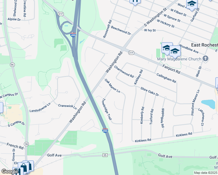 map of restaurants, bars, coffee shops, grocery stores, and more near 2 Oak Manor Lane in Pittsford