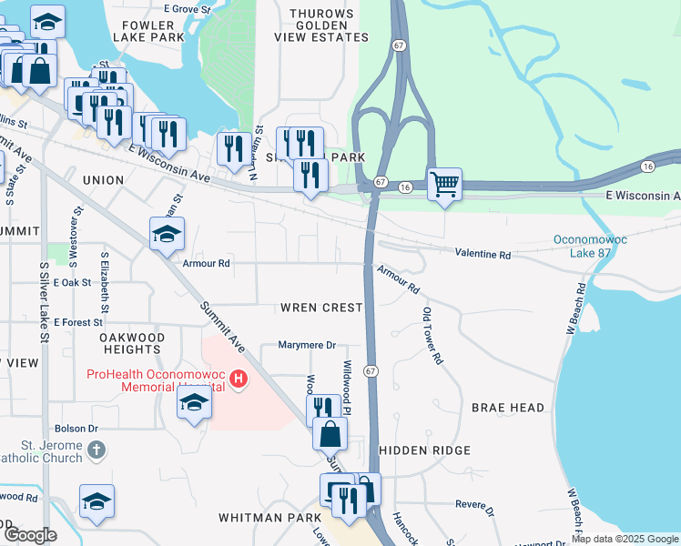 map of restaurants, bars, coffee shops, grocery stores, and more near 903 Armour Road in Oconomowoc