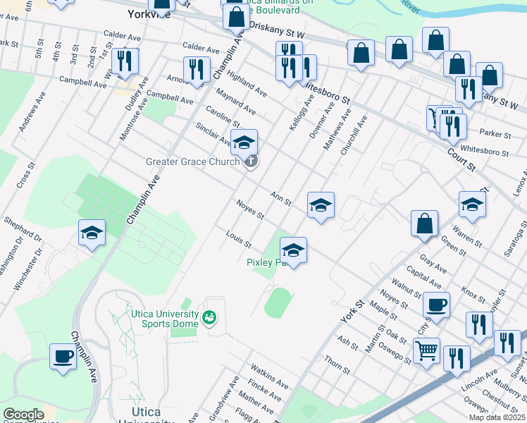 map of restaurants, bars, coffee shops, grocery stores, and more near 2000 Noyes Street in Utica