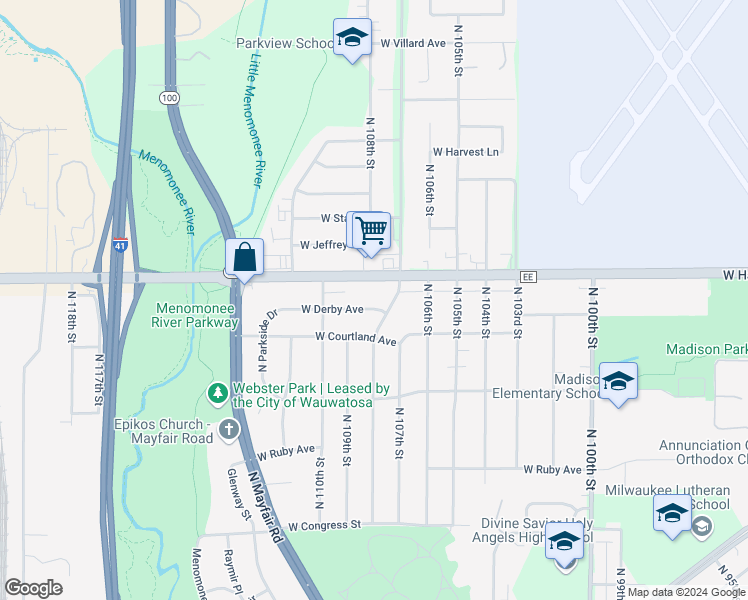 map of restaurants, bars, coffee shops, grocery stores, and more near 10812 West Derby Avenue in Wauwatosa