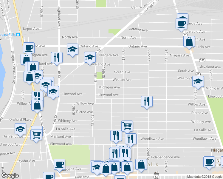 map of restaurants, bars, coffee shops, grocery stores, and more near 1633 Michigan Avenue in Niagara Falls