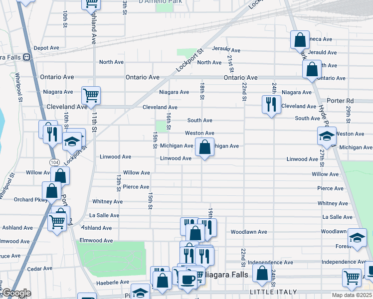 map of restaurants, bars, coffee shops, grocery stores, and more near 1639 Michigan Avenue in Niagara Falls