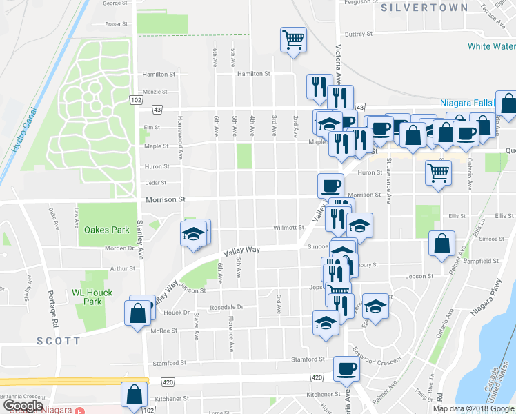 map of restaurants, bars, coffee shops, grocery stores, and more near 4824 Fourth Avenue in Niagara Falls