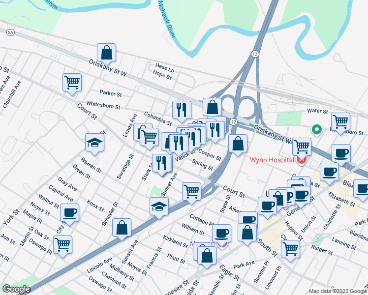 map of restaurants, bars, coffee shops, grocery stores, and more near 804 Hamilton Street in Utica