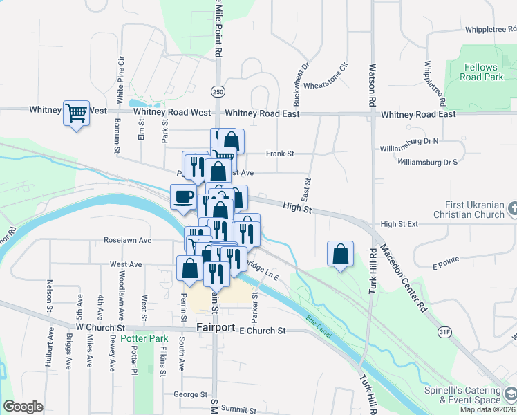 map of restaurants, bars, coffee shops, grocery stores, and more near 76 High Street in Fairport