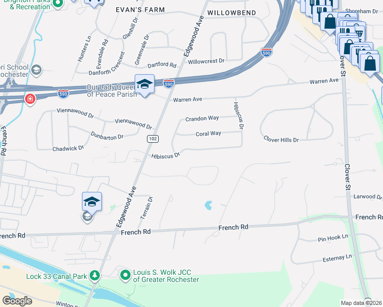 map of restaurants, bars, coffee shops, grocery stores, and more near 90 Hibiscus Drive in Rochester