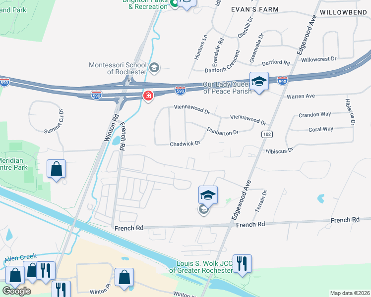 map of restaurants, bars, coffee shops, grocery stores, and more near 85 Chadwick Drive in Rochester