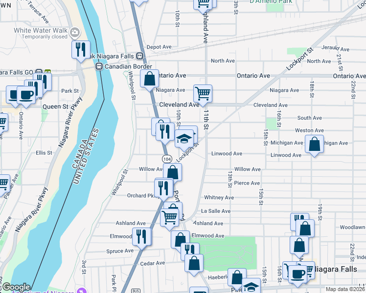 map of restaurants, bars, coffee shops, grocery stores, and more near 1626 10th Street in Niagara Falls