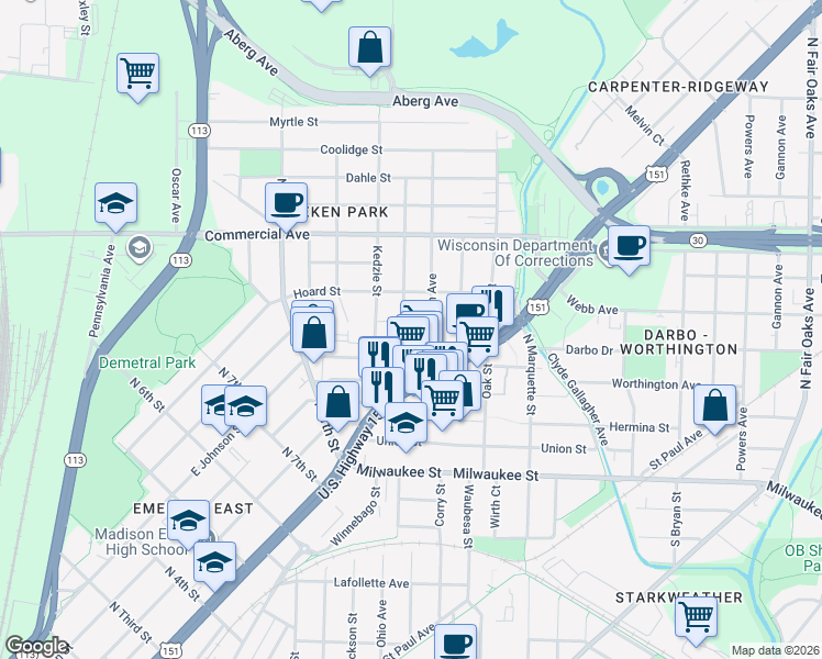 map of restaurants, bars, coffee shops, grocery stores, and more near 317 Pawling Street in Madison
