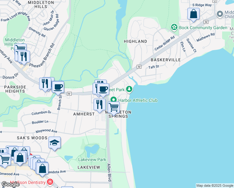 map of restaurants, bars, coffee shops, grocery stores, and more near 2701 Allen Boulevard in Middleton