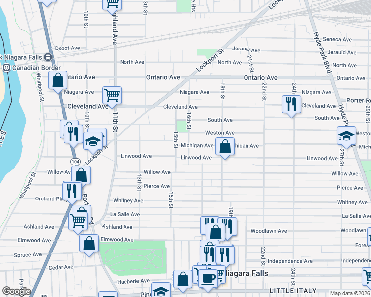 map of restaurants, bars, coffee shops, grocery stores, and more near 1618 16th Street in Niagara Falls