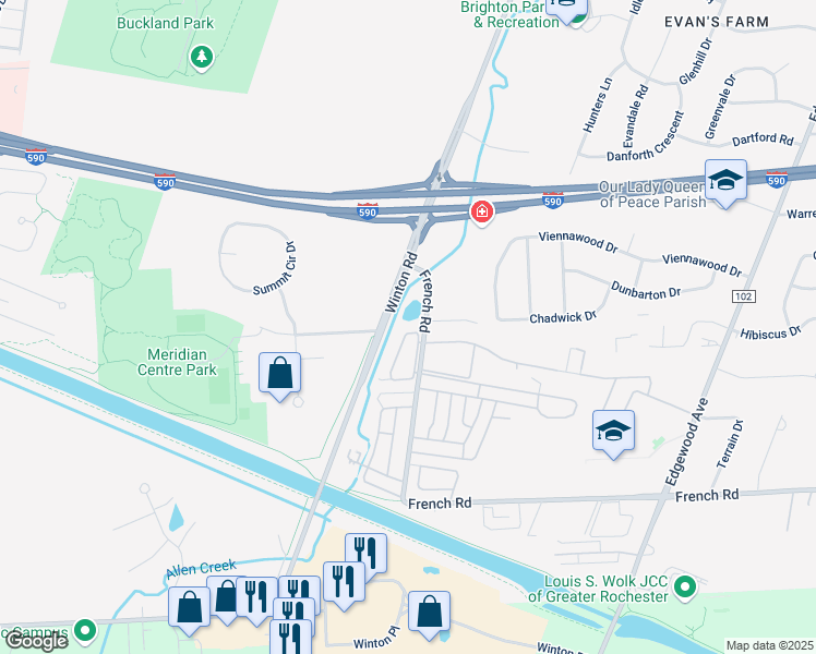 map of restaurants, bars, coffee shops, grocery stores, and more near 15 French Creek Drive in Rochester